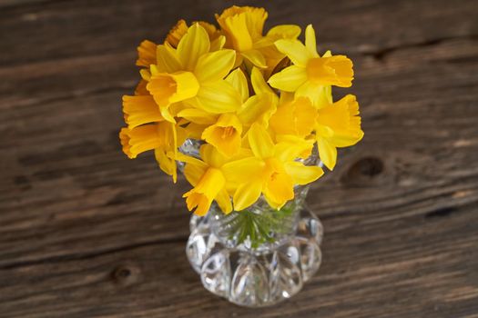 Fresh daffodil flowers in a vase on dark wooden rustic table