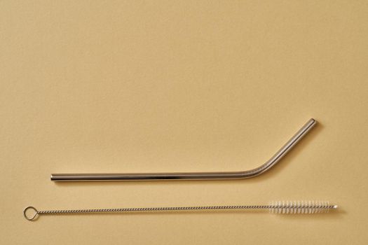 Straw made from stainless steel with a cleaning brush, with copy space - zero waste or ecology concept