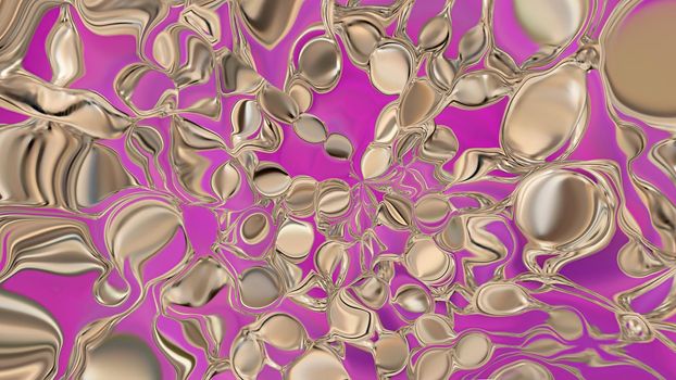 Abstract textured pink background with gold shapes. 3d image, 3d rendering