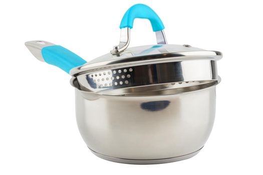 small shiny stainless steel pot with cyan silicon handle and glass lid - isolated on white background
