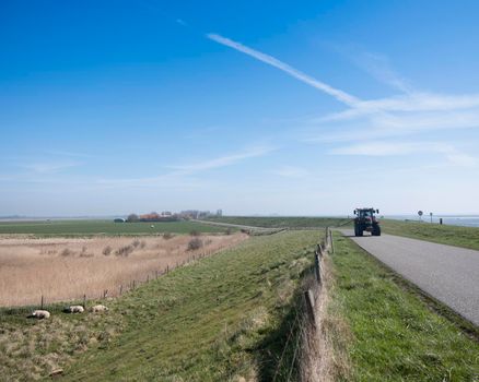 tractor on dyke in countryside landscape under blue sky on schouwen duiveland in dutch province of zeeland