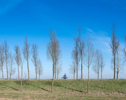 bicycle on dyke early spring in the netherlands on the island of goeree en overflakkee under blue sky on sunny day