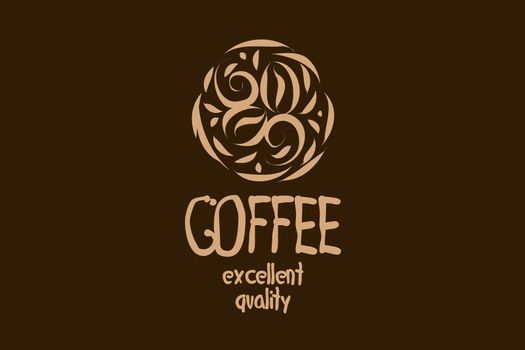 Vector logo with coffee beans drawn on a dark background.