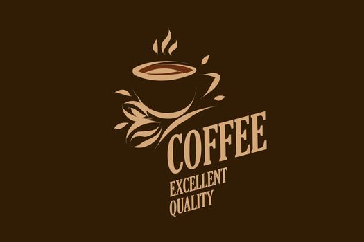 Vector logo with a drawn coffee cup on a dark background.