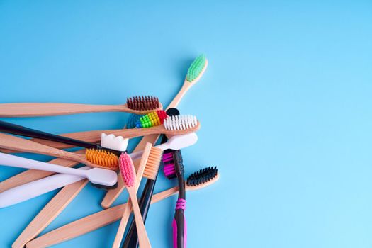 Bunch of toothbrushes. Choosing toothbrush. Oral hygiene.