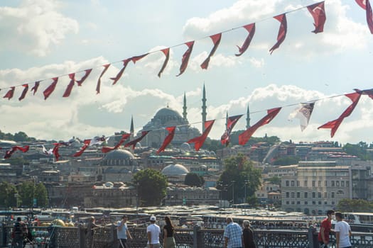 Flags of Turkey are hung over the streets of Istanbul. Political elections in Turkey. Turkey , Istanbul - 21.07.2020