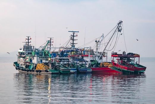 istanbul,turkey-april 2,2021. fishing season and fishing boats at marmara sea in kumkapi district.