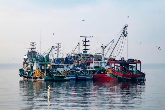 istanbul,turkey-april 2,2021. fishing season and fishing boats at marmara sea in kumkapi district.