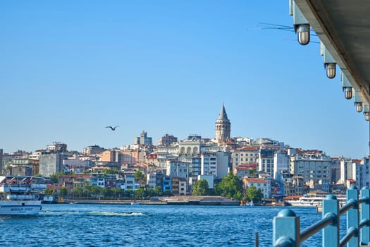 Walking tour of istanbul. Panorama of the city from the ferry. View of the Galata tower. Turkey , Istanbul - 21.07.2020