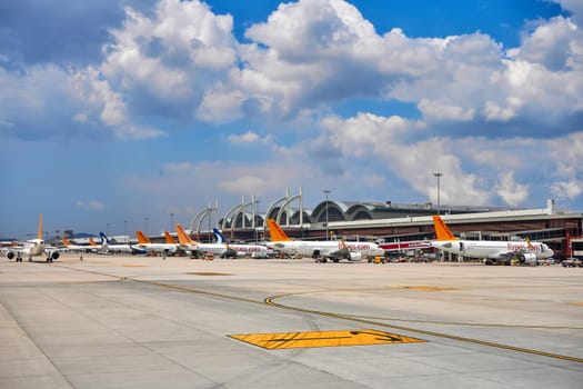 Fly Pegasus aircraft parking at the Turkish airport. Turkey , Istanbul - 21.07.2020