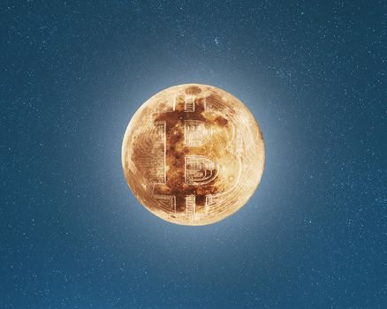 Bitcoin coin symbol on the full moon surface, starry sky background, cryptocurrency to the moon concept