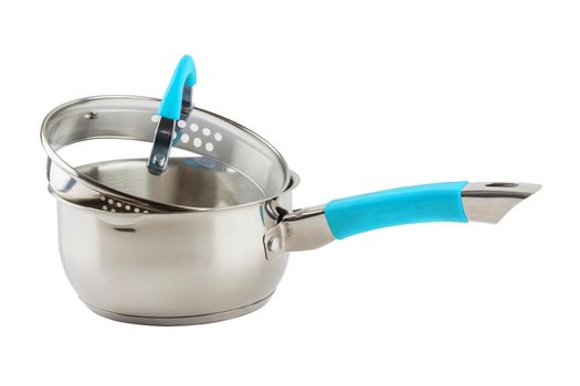 small shiny stainless steel pot with cyan silicon handle and glass lid - isolated on white background