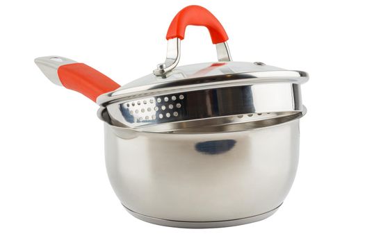small shiny stainless steel pot with orange silicon handle and glass lid - isolated on white background