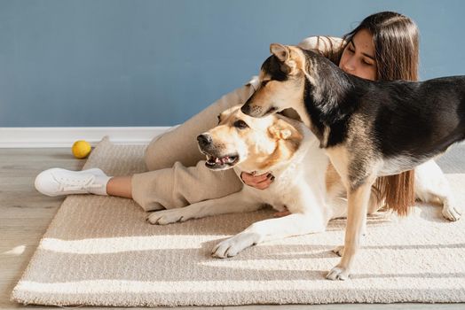 Beautiful brunette woman with playful mixed breed dog, embracing and having fun at home