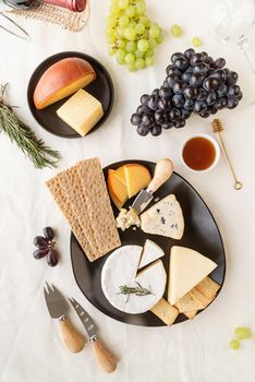 Cheese plate: Maasdam, Camembert cheese, blue cheese, bread sticks, grapes, rosemary, honey, grapes on table