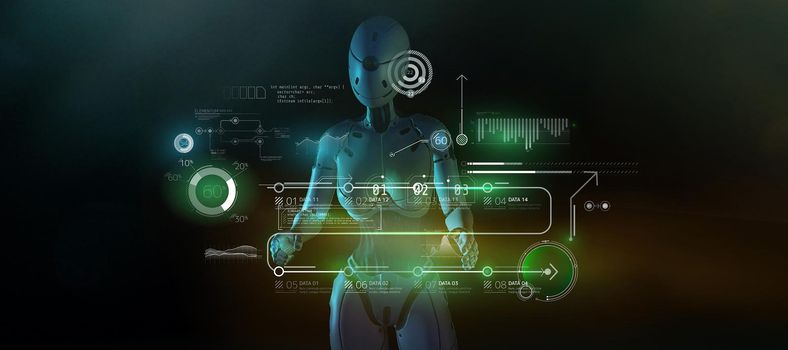 The robot works with an array of data on a virtual panel.