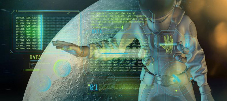 An astronaut in a spacesuit against the background of the moon analyzing an array of coded data.