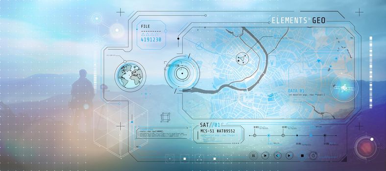 Abstract infographics on travel and geolocation on a landscape background.