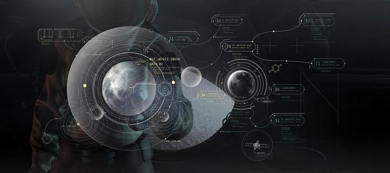 An astronaut in a spacesuit works with data on a virtual panel in the orbit of the moon.