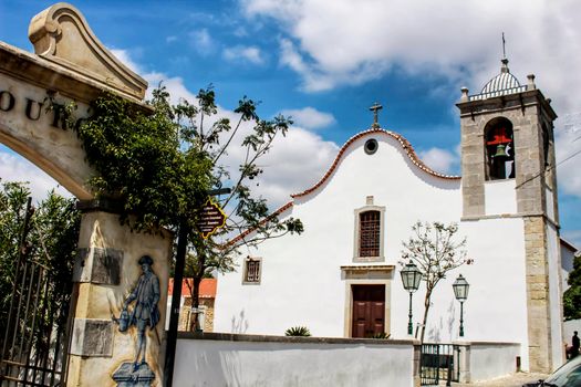 Beautiful vintage and white church in Azeitao village, Portugal