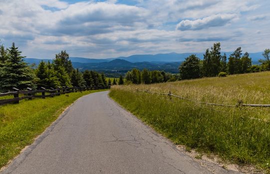 Long path with bushes and fields around in Kaczawskie mountains