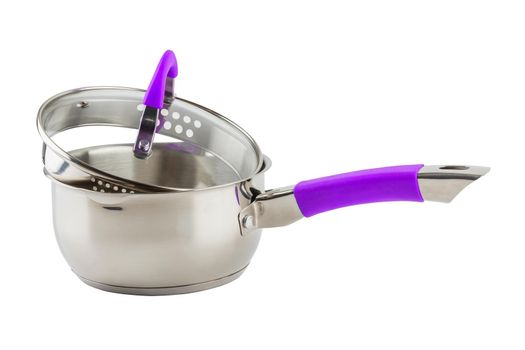 small shiny stainless steel pot with purple silicon handle and glass lid - isolated on white background