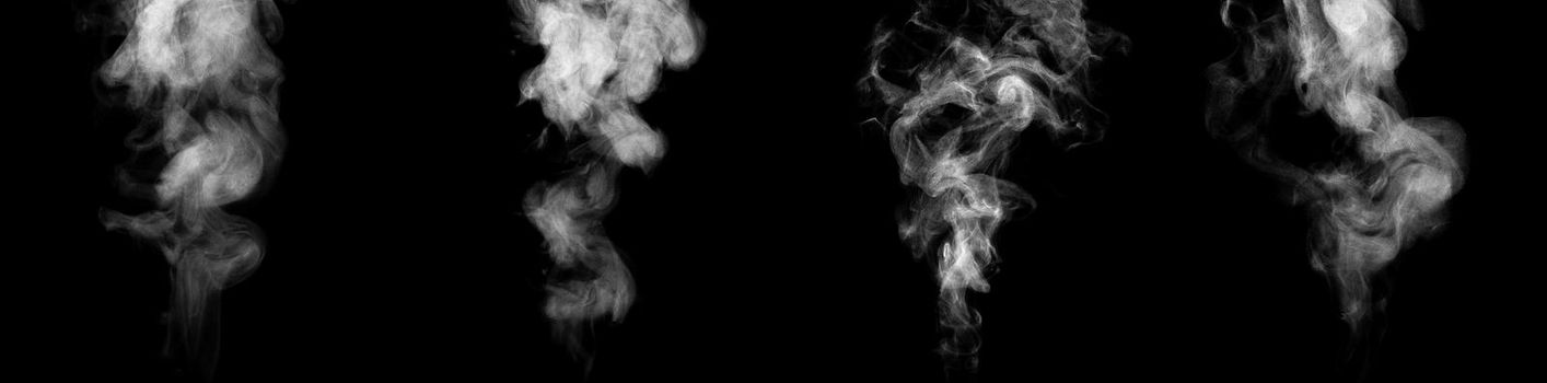 Set of streams of steam isolated on black background.