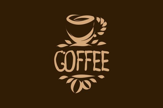 Vector logo with a drawn coffee cup on a dark background.