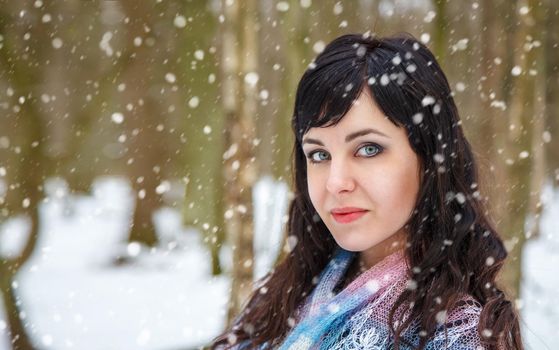 portrait of pretty young woman on a walk in the winter park