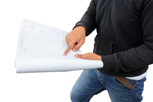 engineer finger point on paper plan blueprint in check building technician place construction site isolated over white background and clipping path