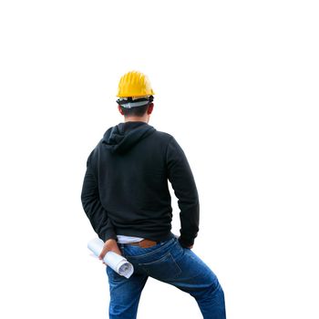 engineering wear helmet yellow with hand  holding paper plan blueprint in check building technician place construction site isolated on white background and clipping path