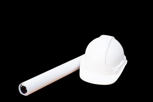 white safety helmet plastic and paper roll plan blueprint construction of engineering  isolated on black background and clipping path