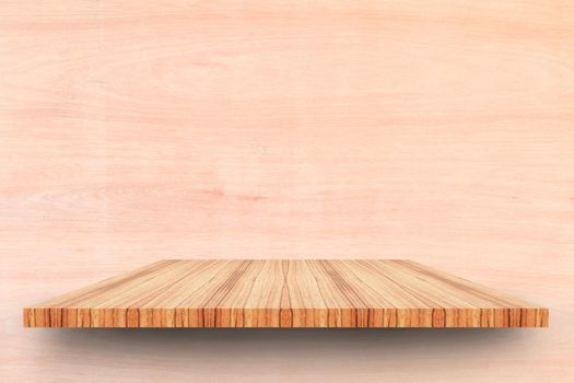 Empty top wooden shelves and woody wall background. For product display with copy space add text