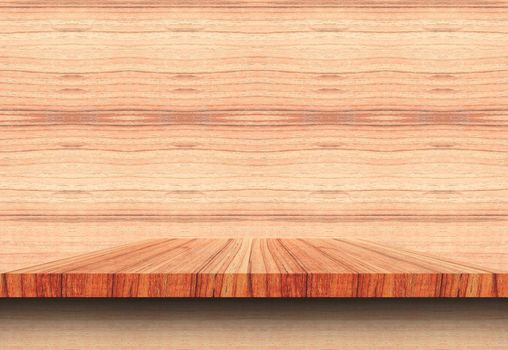 Empty top wooden shelves and woody wall background. For product display with copy space add text
