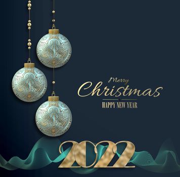 Christmas New year 2022 greeting. Turquoise blue 3D realistic balls baubles, gold digit 2022, gold text Merry Christmas Happy New Year on blue. Greeting invitation Xmas postcard, card. 3D illustration
