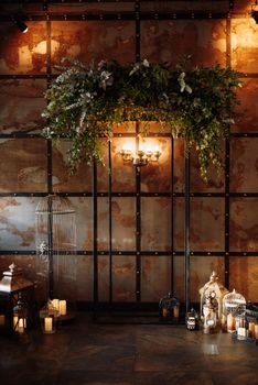 wedding ceremony area in brown oothenes with wood and rusty metal