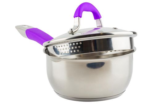 small shiny stainless steel pot with orange silicon handle and glass lid - isolated on white background