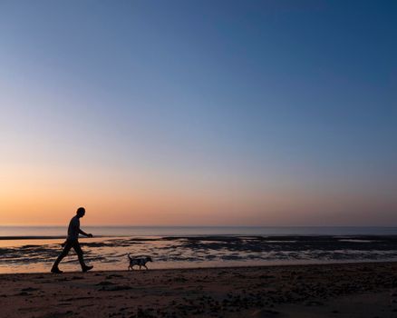 silhouette of man and dog on beach during sunset