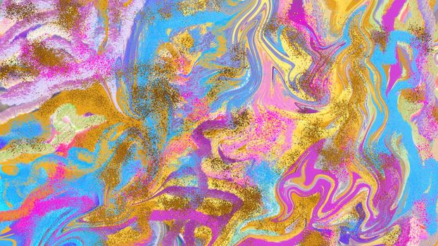 Abstract bright multicolored neon background with gold dusting. Design, art