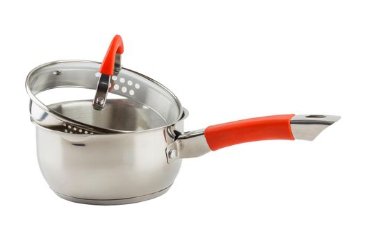 small shiny stainless steel pot with orange silicon handle and glass lid - isolated on white background