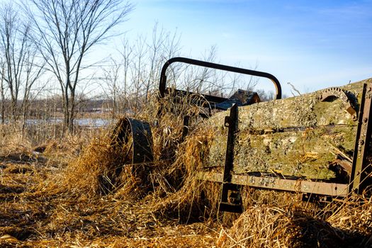 An abandoned piece of antique farm equipment, a horse-drawn manure spreader, lies in a state of disrepair. The run-down machine lies covered in old growth.