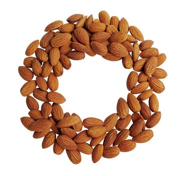 Peeled almonds closeup circle shape background