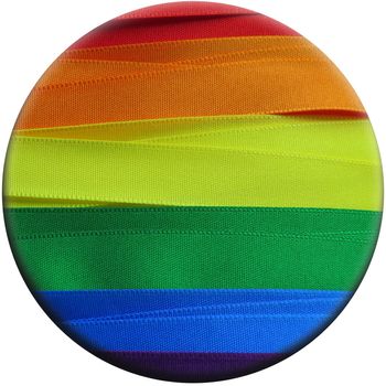 Gay Flag flag or banner made with red, orange, yellow, green, blue and purple ribbons