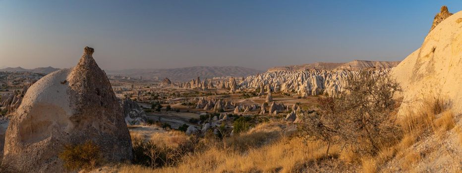 The picturesque panorama of Cappadocia at sunset, amazing Turkey, Mountains and rock formation, big size image, Goreme national park, Love valley, open air museum, ancient region of Anatolia, Unesco. High quality photo
