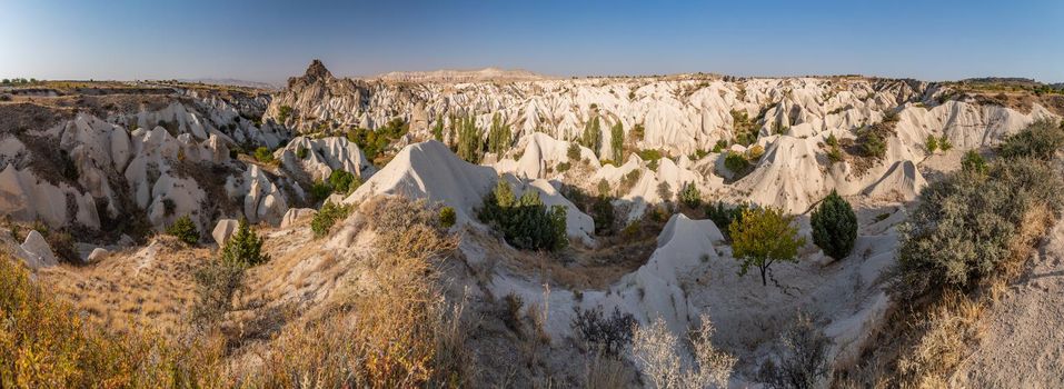 The picturesque panorama of Cappadocia at sunset, amazing Turkey, Mountains and rock formation, big size image, Goreme national park, Love valley, open air museum, ancient region of Anatolia, Unesco. High quality photo