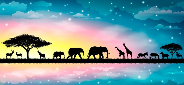 Silhouettes of wild animals of the African savannah. Beautiful sunset. Sky, stars, clouds.