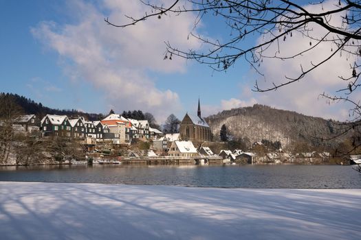 Panoramic image of Beyenburg close to Wuppertal on a winter day with snow covered landscape, Bergisches Land, Germany
