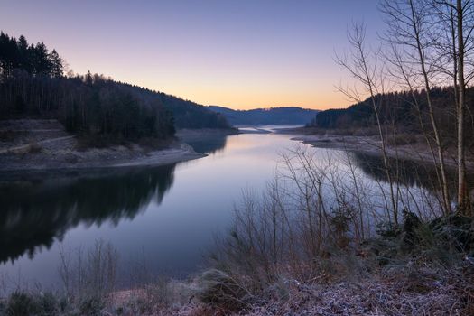 Panoramic image of Dhunn water reservoir at sunrise, Bergisches Land, Germany