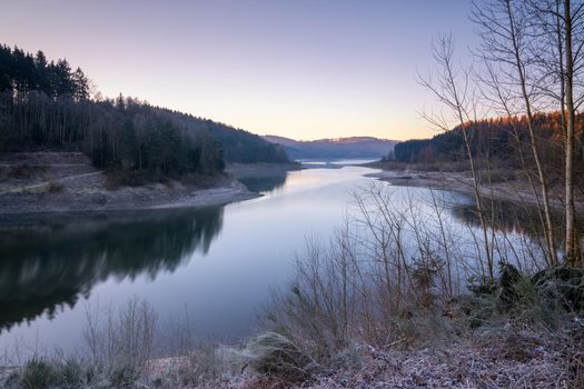 Panoramic image of Dhunn water reservoir at sunrise, Bergisches Land, Germany