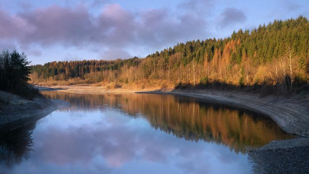 Panoramic image of Dhunn water reservoir at sunrise, Bergisches Land, Germany